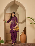Joban Fashion Women Purple Roman Silk Embroidered Stitched Kurta Set | Grocsy