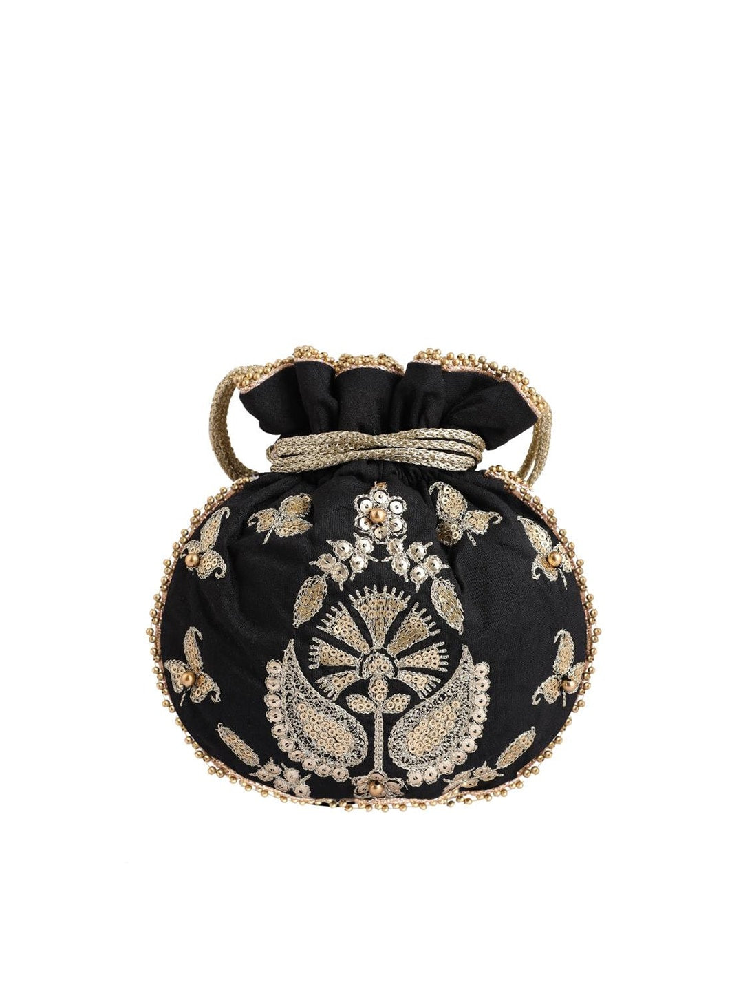Masq Black & Gold-Toned Embellished Embroidered Potli Clutch