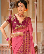 Pink Vichitra Stone Work Saree With Unstitched Blouse Piece - Rosy | Grocsy