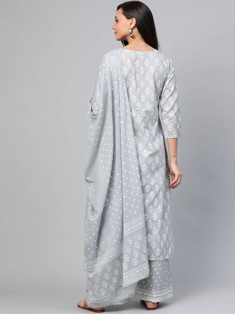 Yufta Grey and White Printed Kurta With Palazzo and Dupatta Set | Grocsy