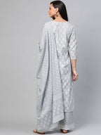 Yufta Grey and White Printed Kurta With Palazzo and Dupatta Set | Grocsy