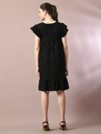 Myshka Women's Black Embroidered Cotton Round Neck A-Line Party Dress | Grocsy