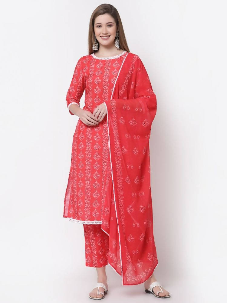 Myshka Red Color Cotton Printed Kurta With Pant Dupatta Set | Grocsy