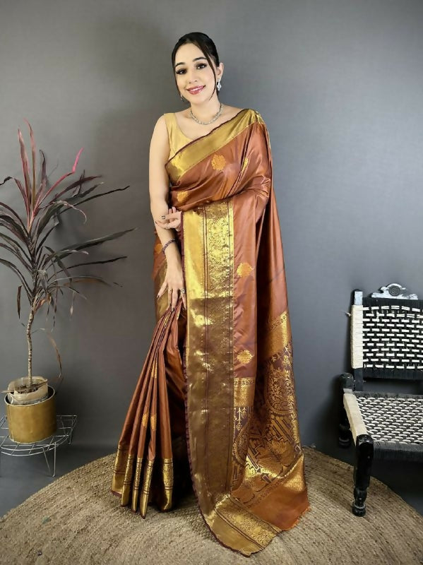 Prime Volt Premium Raw Mango Soft Silk Saree in Trending Rust Orange with Zari Weaving-Rust Golden | Grocsy