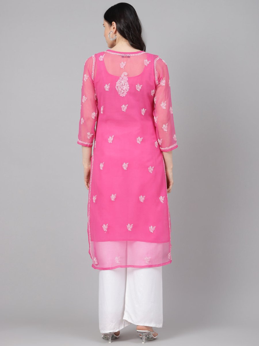 ADA Women Pink & White Sheer Chikankari Embroidered Straight Handloom Kurta with Inner | Grocsy