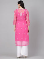 ADA Women Pink & White Sheer Chikankari Embroidered Straight Handloom Kurta with Inner | Grocsy