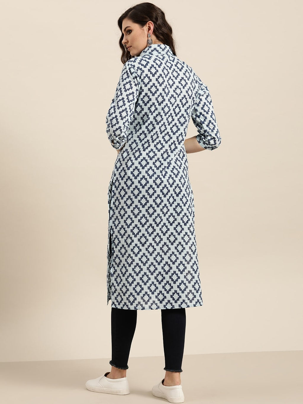 Sangria Women Navy Blue & Grey Pure Cotton Geometric Printed Kurta | Grocsy