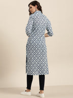 Sangria Women Navy Blue & Grey Pure Cotton Geometric Printed Kurta | Grocsy