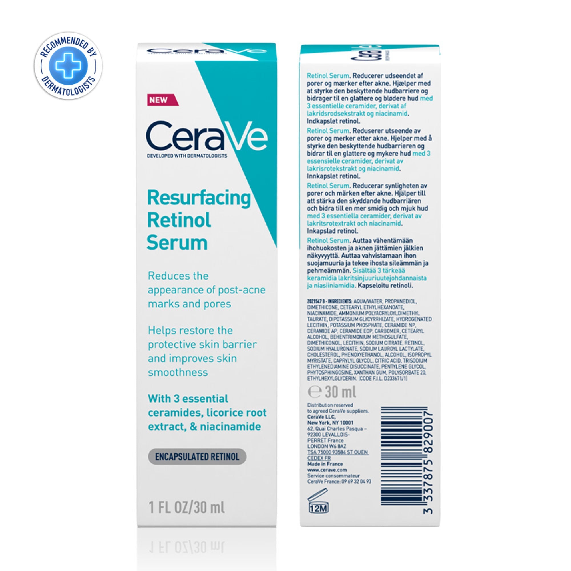 CeraVe Resurfacing Retinol Serum, Reduces Acne Marks with Licorice Root Extract & Niacinamide | Grocsy