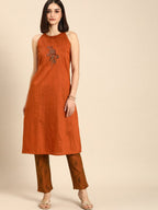 All About You Women Orange Floral Print Embroidered Regular Kurta with Trousers | Grocsy
