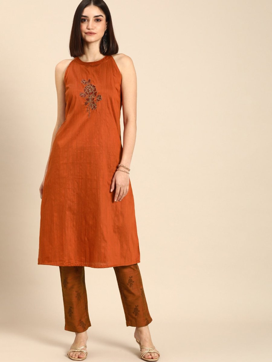All About You Women Orange Floral Print Embroidered Regular Kurta with Trousers | Grocsy
