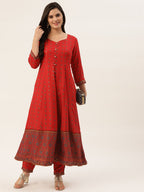 HERE&NOW Women Red Ethnic Motifs Printed Kurta with Trousers | Grocsy