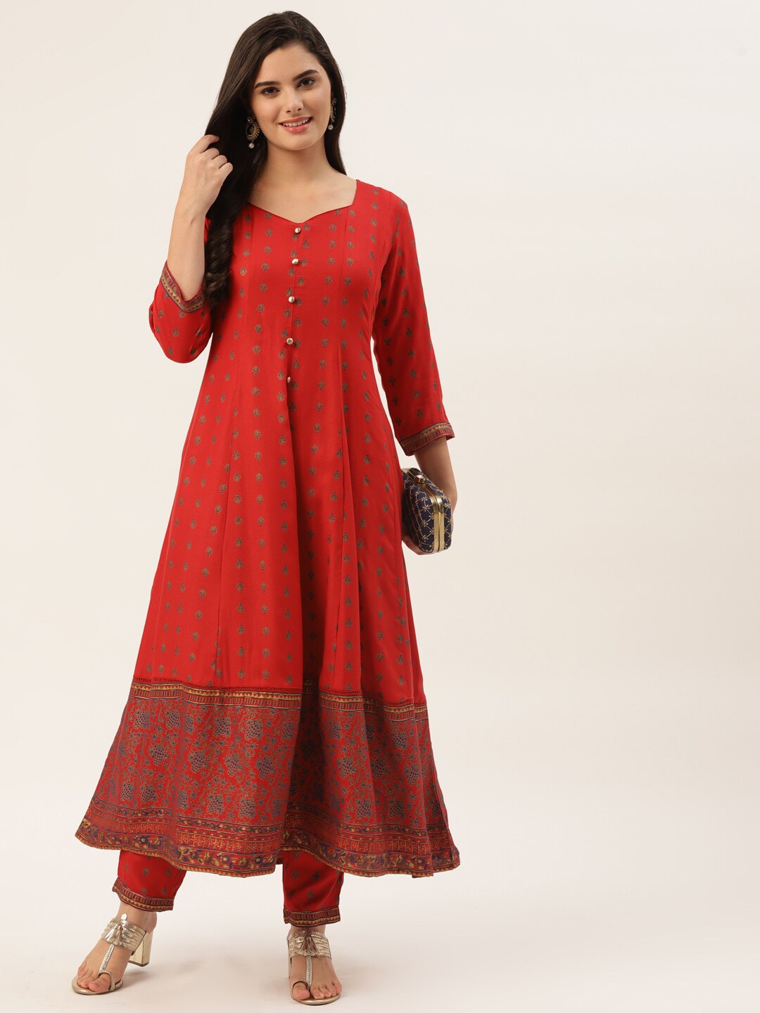 HERE&NOW Women Red Ethnic Motifs Printed Kurta with Trousers | Grocsy