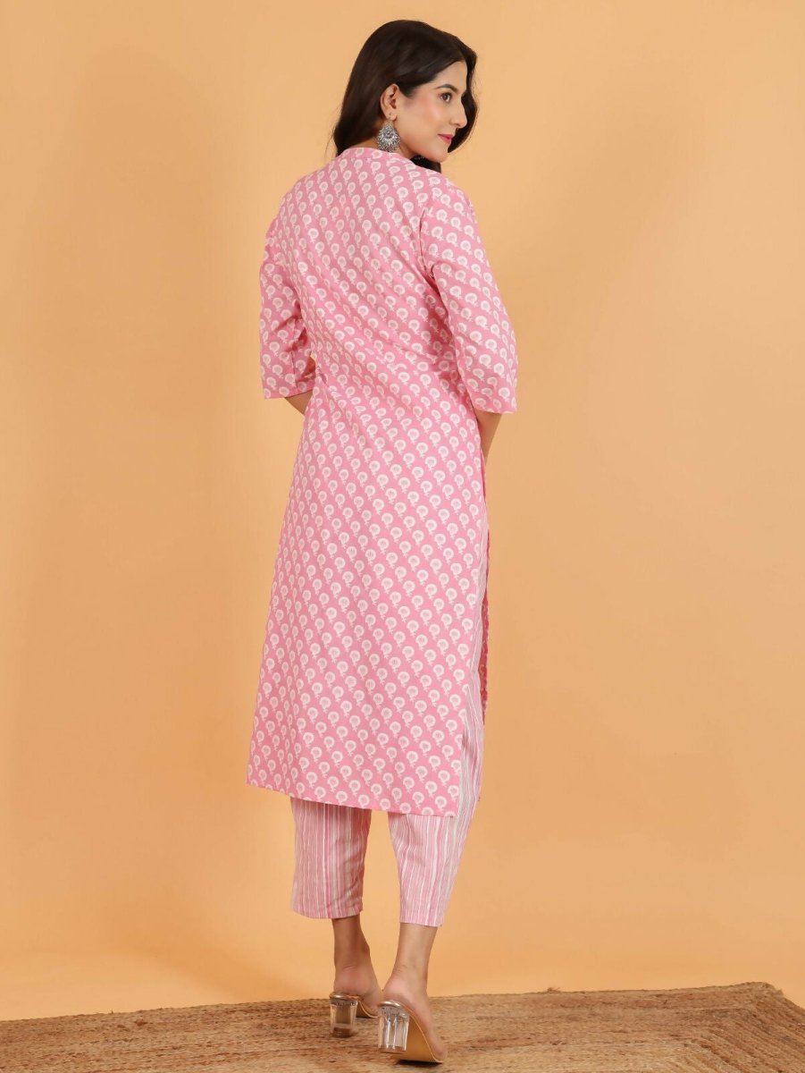 Aramya Pink Soft Cotton Floral Print Straight Kurta Pant Set for Women | Grocsy