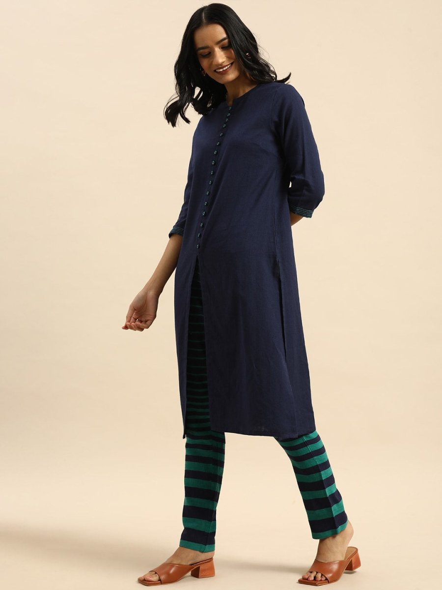 All About You Women Blue & Green Pure Cotton Kurta with Trousers | Grocsy