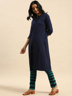 All About You Women Blue & Green Pure Cotton Kurta with Trousers | Grocsy