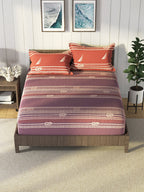 Nautica Purple & Orange Striped Cotton 160 TC King Bedsheet With 2 Pillow Covers | Grocsy