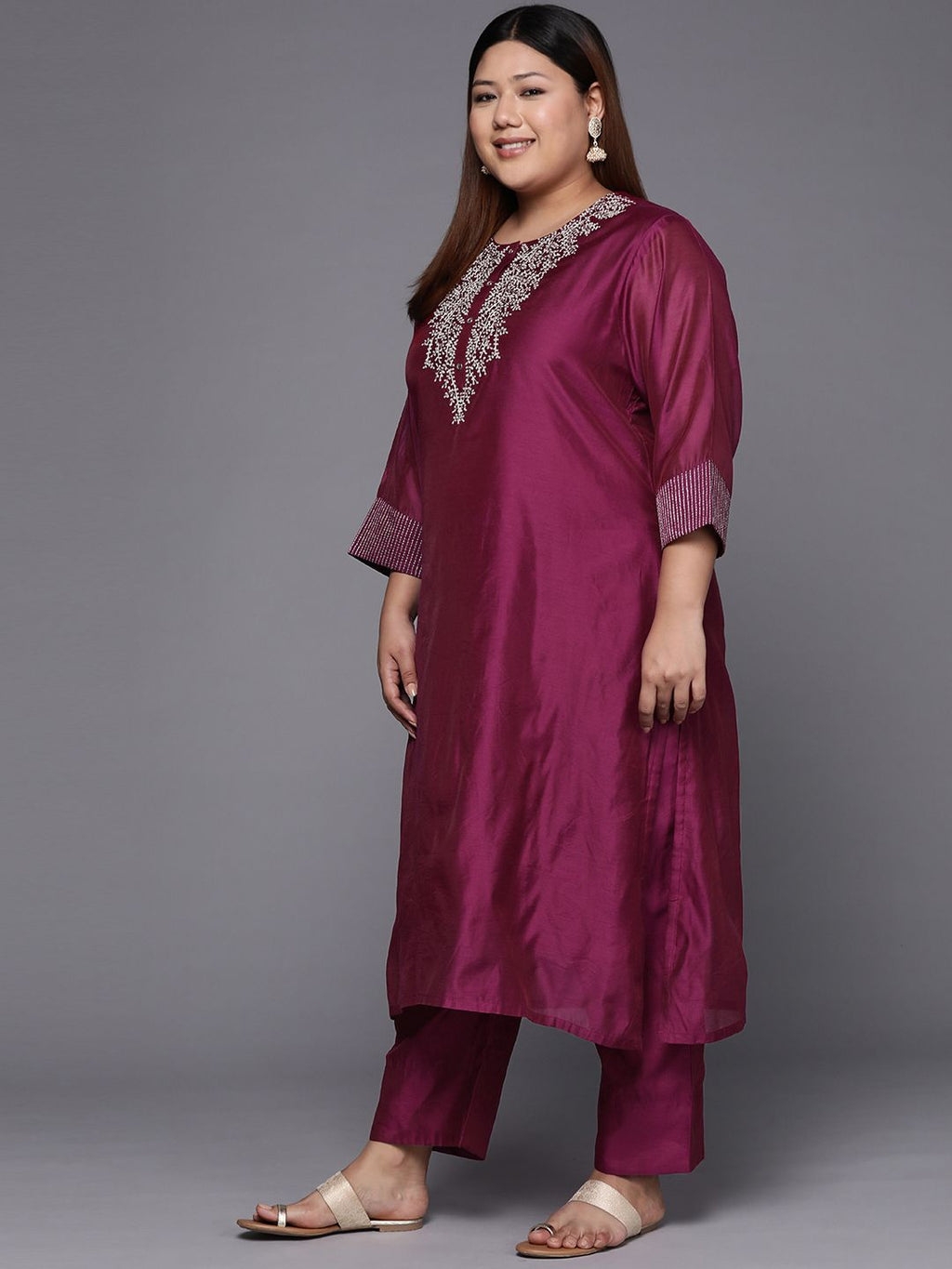 Sztori Plus Size Yoke Design Regular Sequinned Chanderi Silk Kurta & Trousers With Dupatta | Grocsy