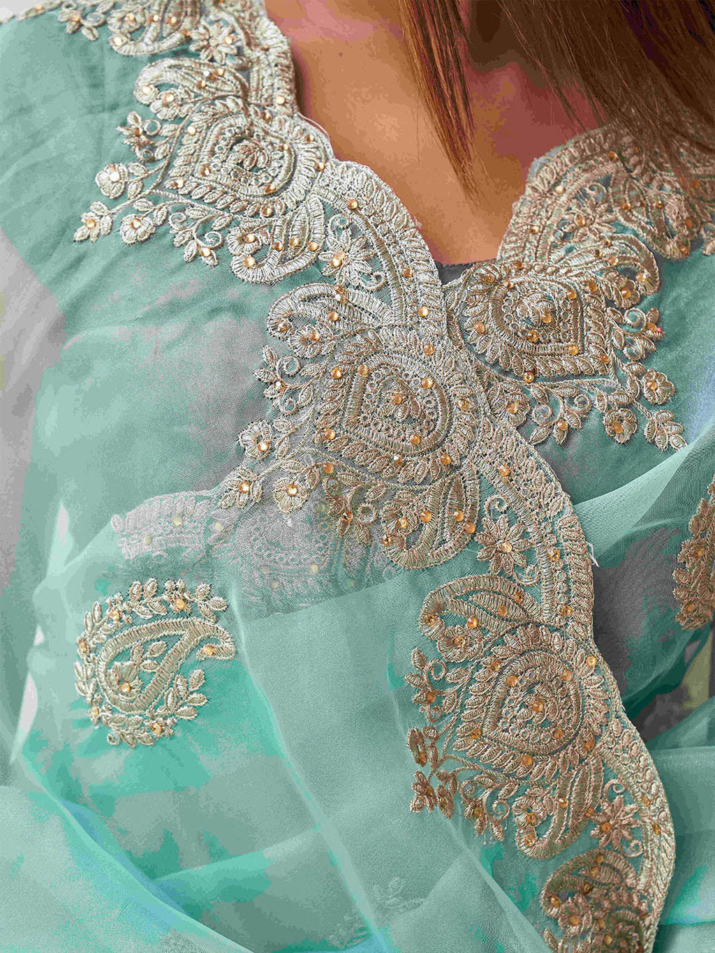 Tikhi Imli Ethnic Motifs Embroidery Organza Heavy Work Saree | Grocsy