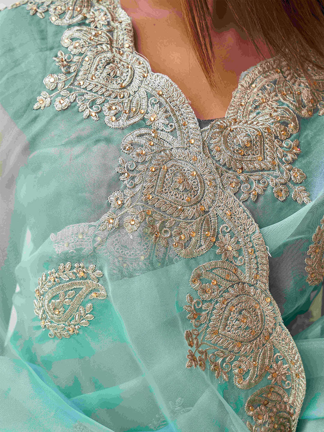 Tikhi Imli Ethnic Motifs Embroidery Organza Heavy Work Saree | Grocsy