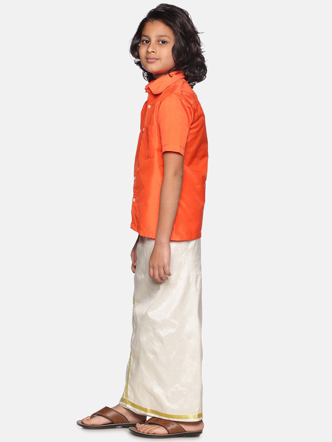 Sethukrishna Boys Orange & White Solid Shirt with Dhoti Set | Grocsy