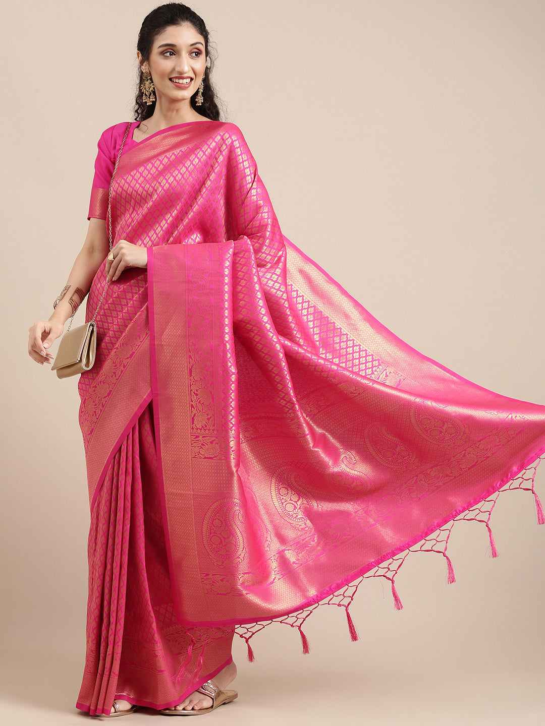 Saree Mall Pink Ethnic Motifs Zari Silk Blend Banarasi Saree For Women | Grocsy