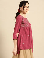Women's Pink Viscose blend Embroidered Short Top - Marina | Grocsy