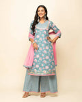 FIORRA Women's Sky Blue Cotton Straight Kurta Palazzo Set With Dupatta | Grocsy