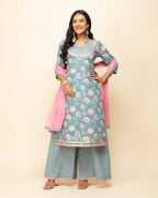FIORRA Women's Sky Blue Cotton Straight Kurta Palazzo Set With Dupatta | Grocsy