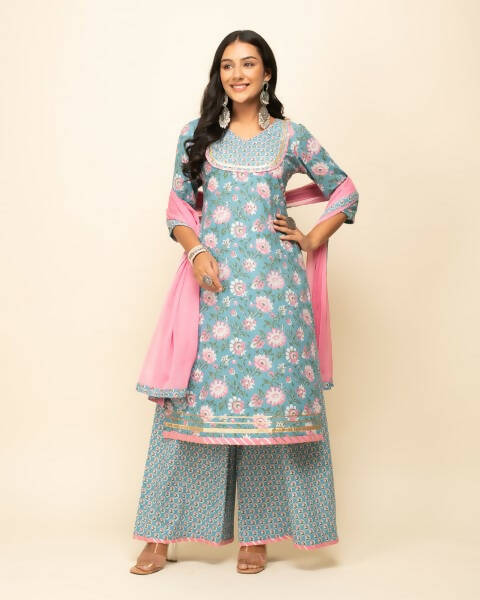FIORRA Women's Sky Blue Cotton Straight Kurta Palazzo Set With Dupatta | Grocsy