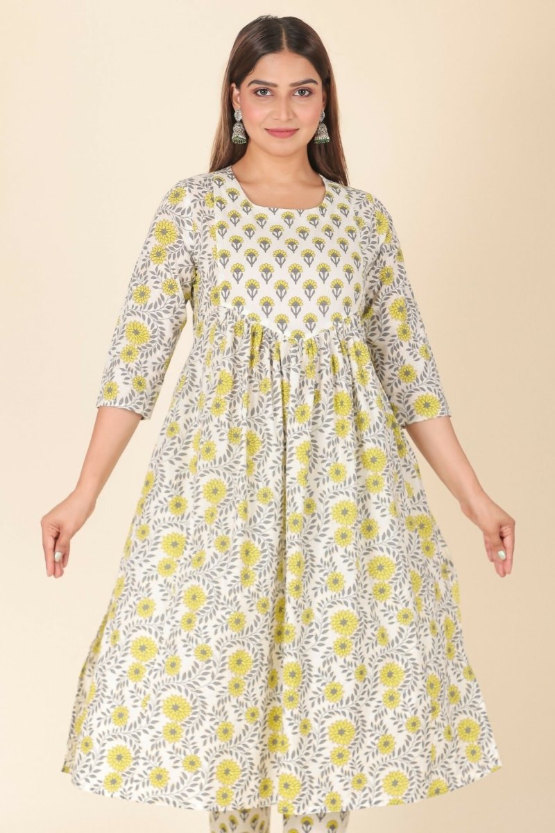 Aramya Yellow Soft Cotton Floral A-line Kurta for Women | Grocsy