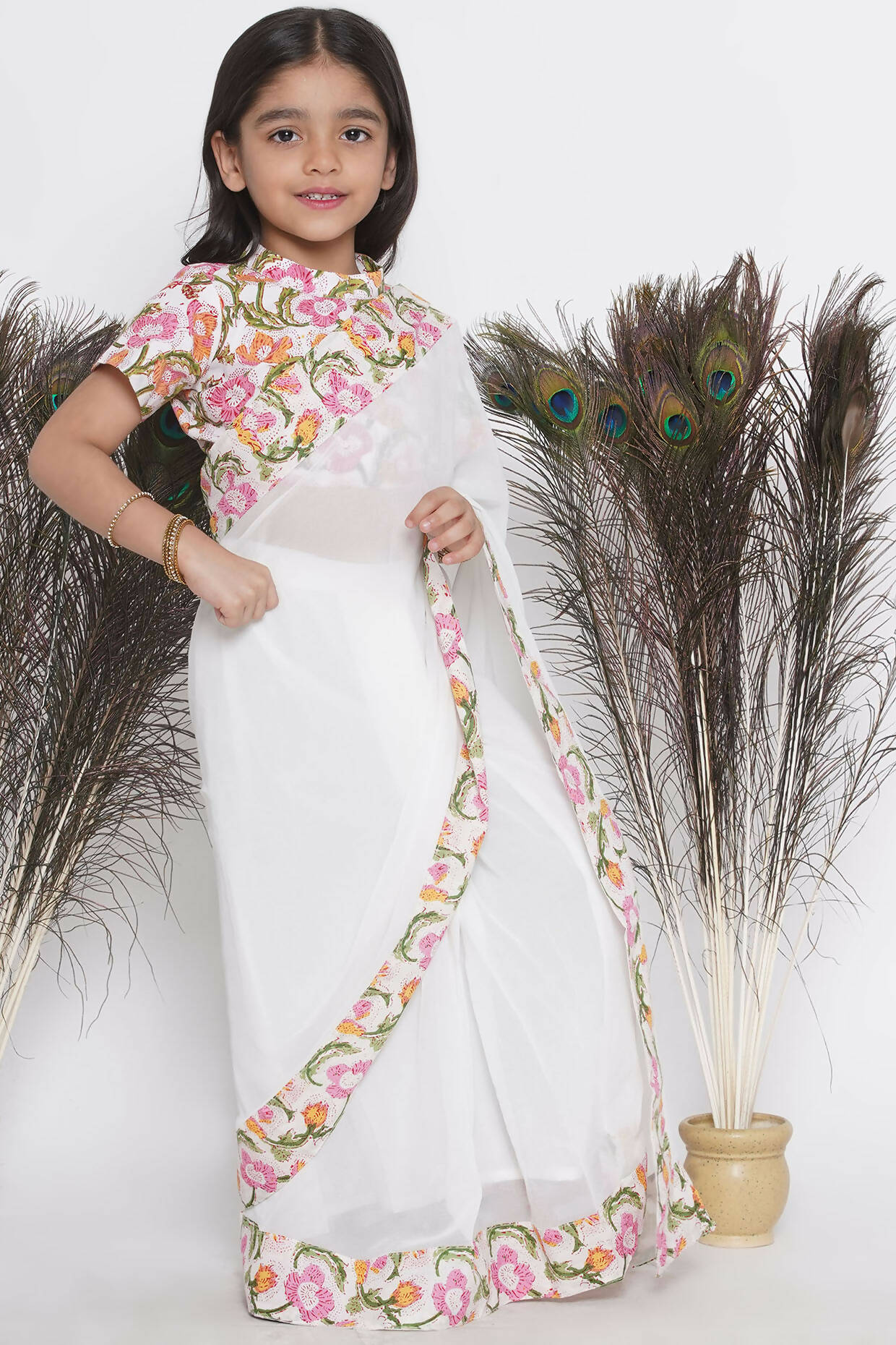 Little Bansi Floral Print Ready To Wear Saree And Floral Blouse - White | Grocsy