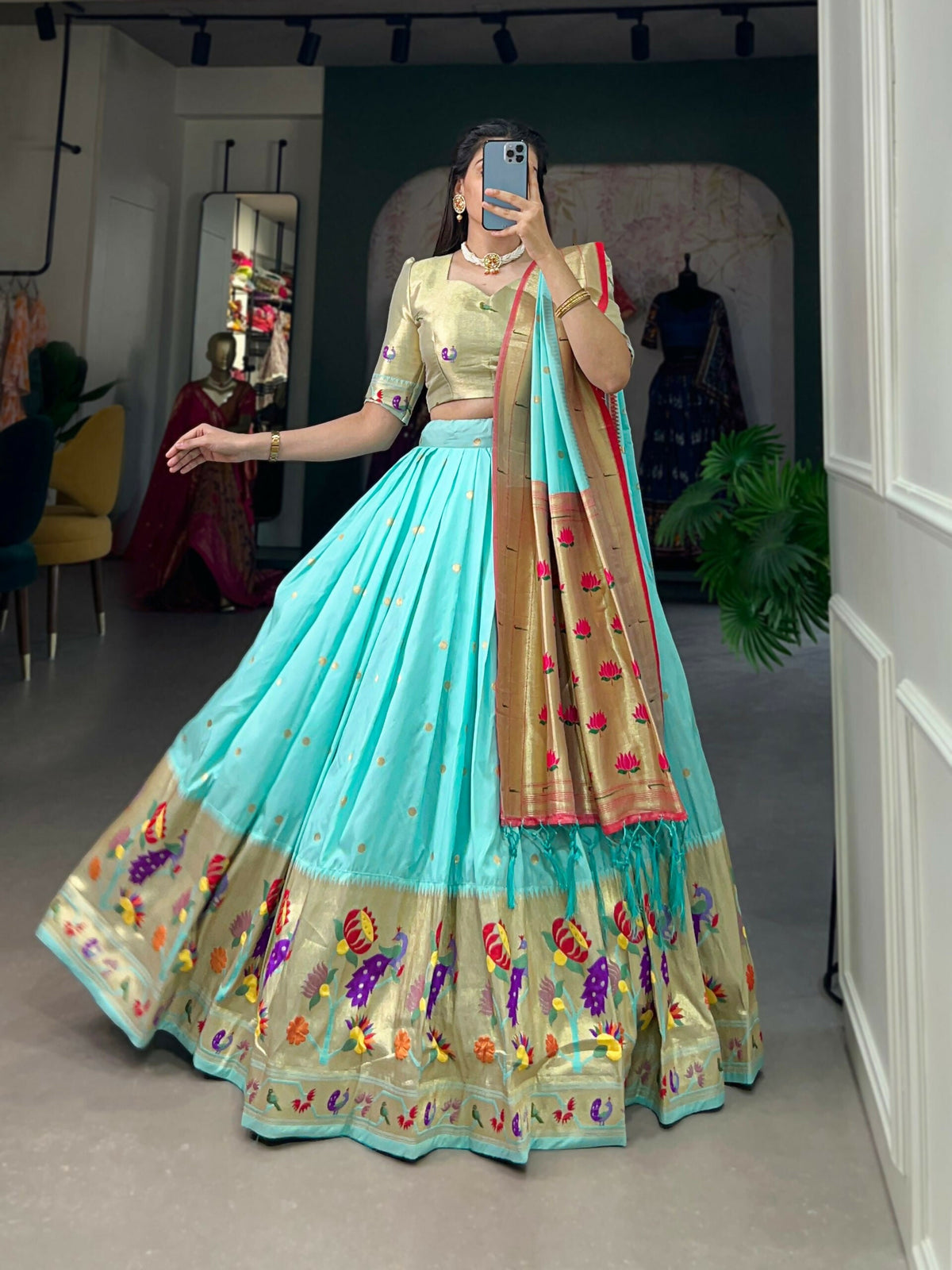 Vastranavya Traditional Jacquard Silk Paithani Lehenga Choli - Sky Blue | Grocsy