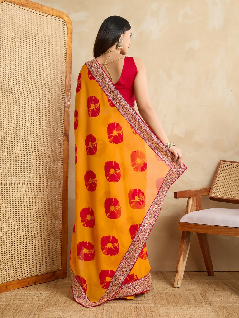 Yellow Georgette Printed Designer, Embroidery Work Lace Border Saree - Aarvi | Grocsy