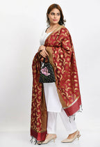 Mominos Fashion Moeza Women's Banarsi Silk Floral Woven Design Maroon Dupatta | Grocsy