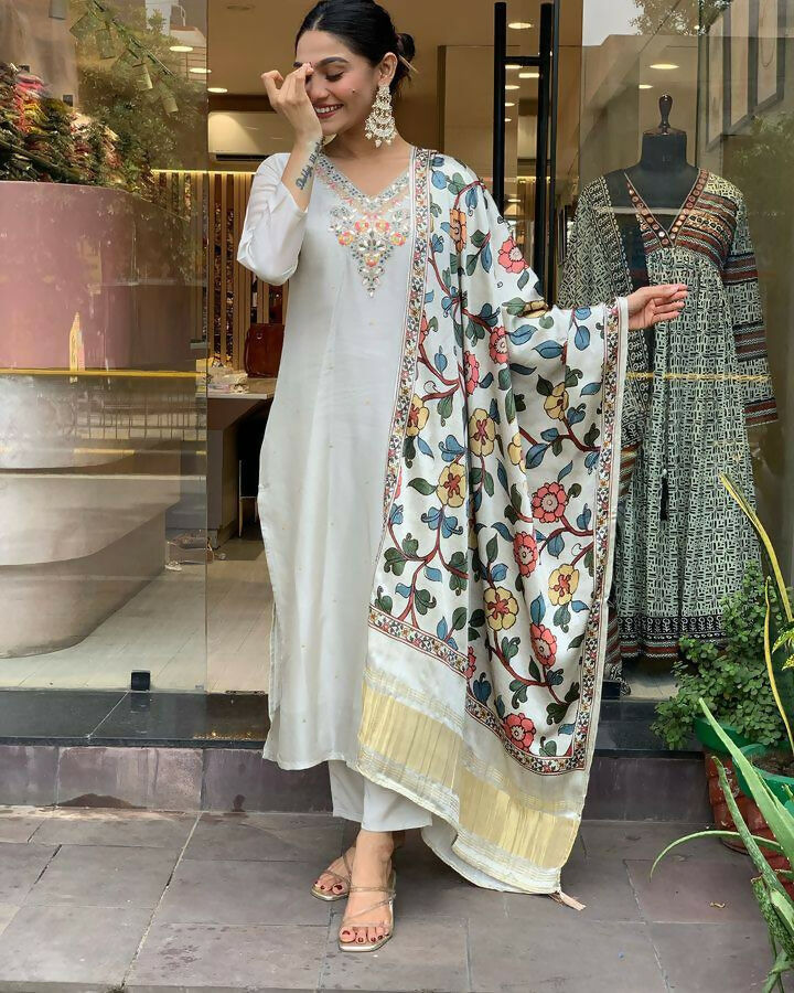 The52 Off White Women's Gorgeous Embroidered Viscose Chanderi Fabric Straight Kurta Pant with Dupatta Set | Grocsy