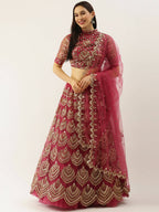 House of Panchhi Women Rosegold Net Embroidered Mirror Lehenga & Blouse with Dupatta | Grocsy