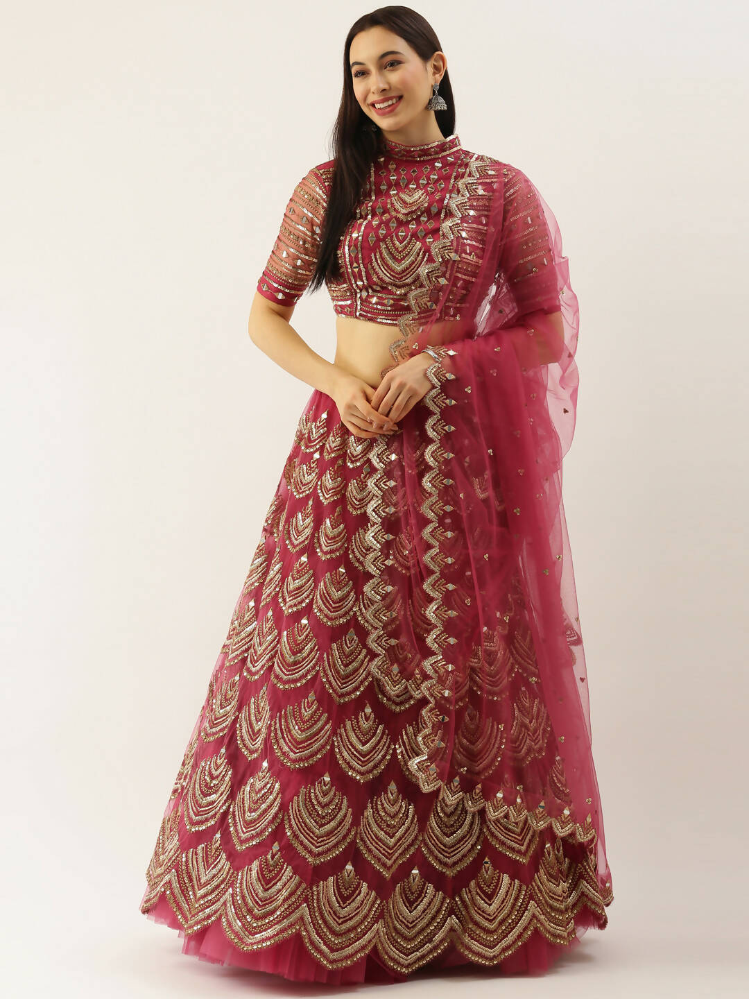 House of Panchhi Women Rosegold Net Embroidered Mirror Lehenga & Blouse with Dupatta | Grocsy