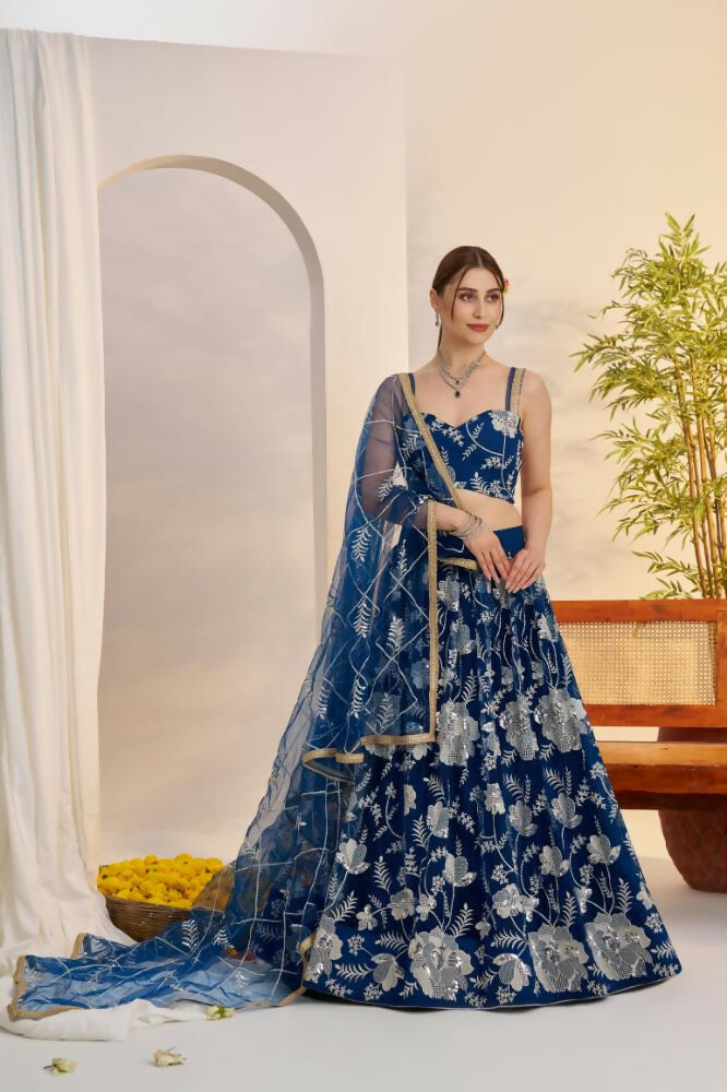 Aastha Fashion More Peach Blue Butterfly Net White Cotton Thread Work And Sequence Work Embroidery Wedding Wear Lehenga Choli | Grocsy