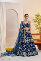Aastha Fashion More Peach Blue Butterfly Net White Cotton Thread Work And Sequence Work Embroidery Wedding Wear Lehenga Choli | Grocsy