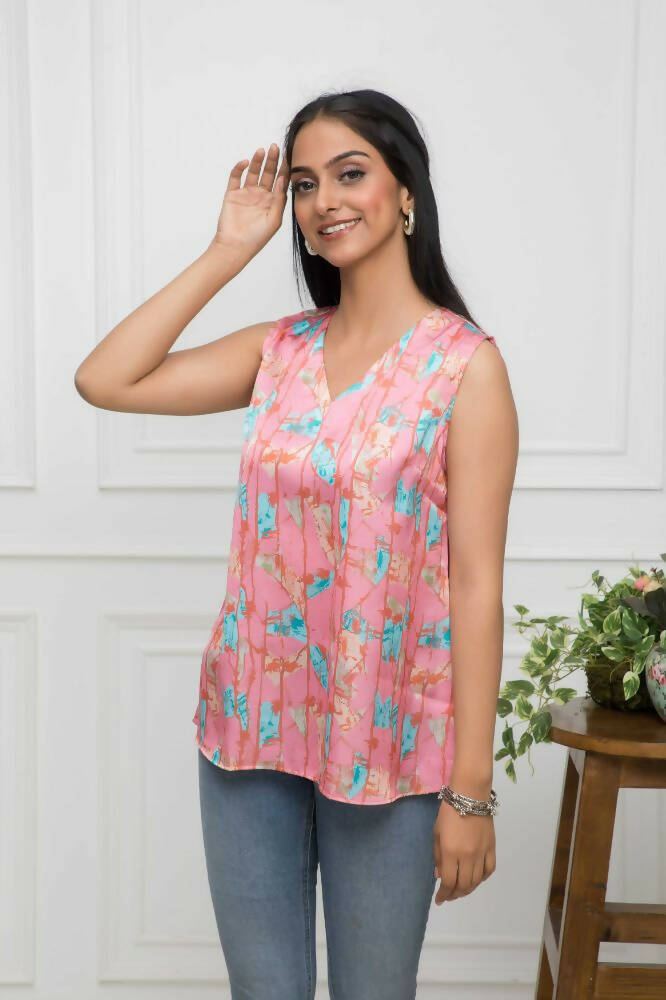 Myshka Women Multi-Abstract V-Neck No Sleeves Polyester Top | Grocsy