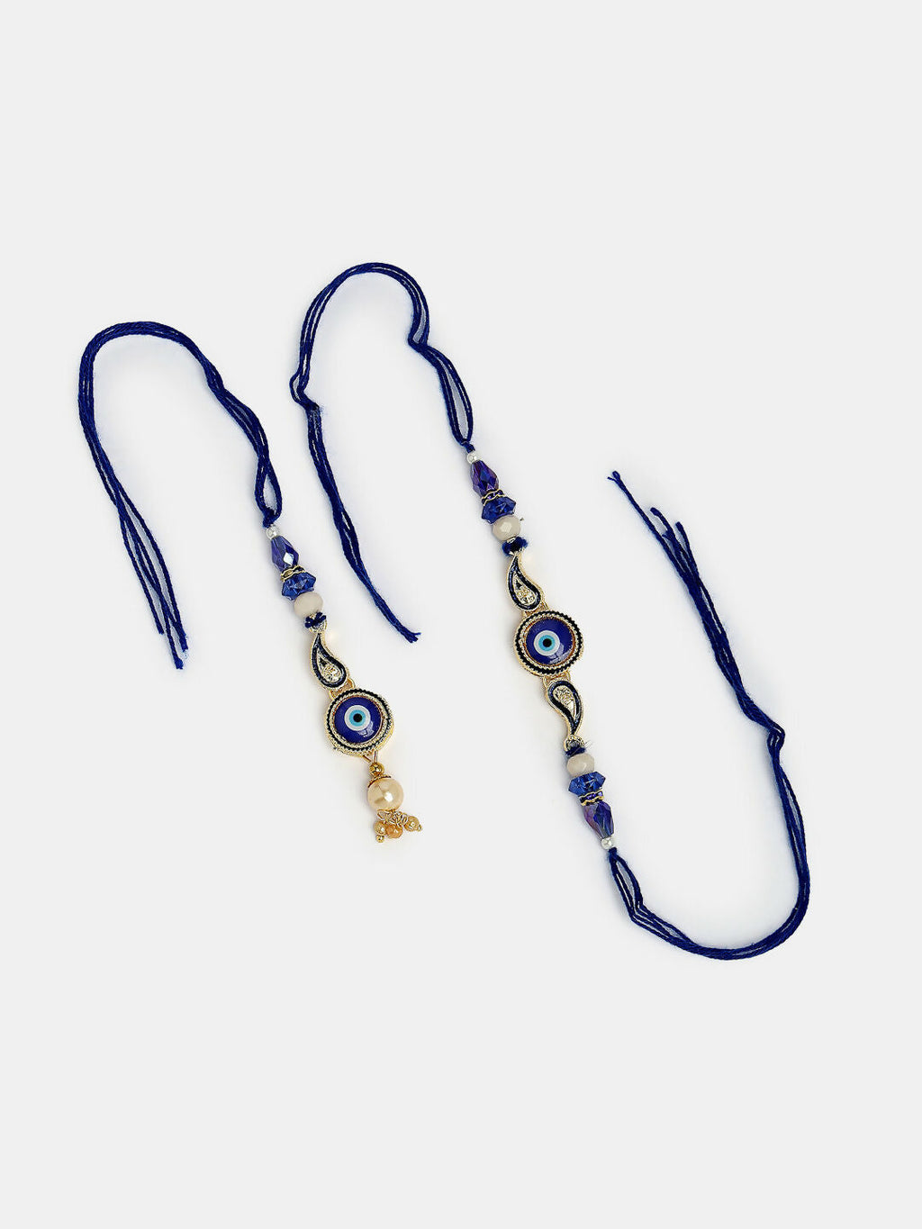 NVR Women & Men Set of 2 Blue Evil Eye Beaded Bhaiya Bhabhi Rakhi With Roli Chawal | Grocsy
