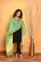 Very Much Indian Handloom Pure Cotton Paithani Dupatta - Green | Grocsy