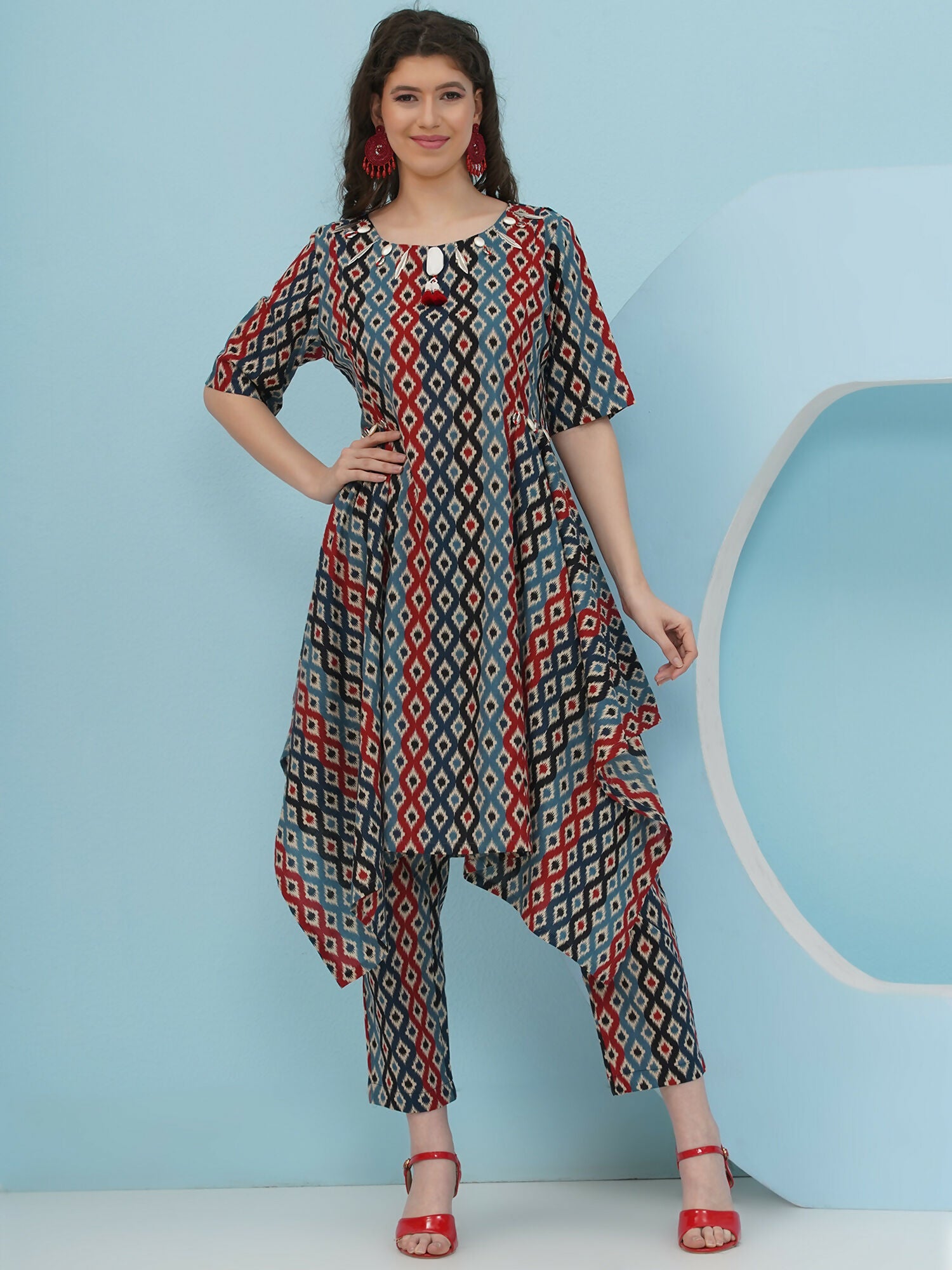 Joban Fashion Ikkat Printed Co Ord Set - Blue Red | Grocsy