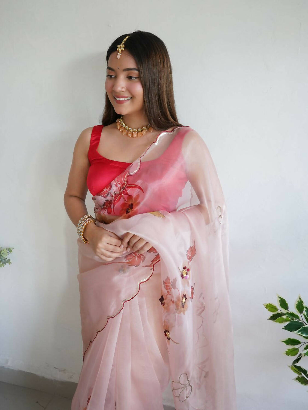 Vamsee Peach Organza Saree | Grocsy