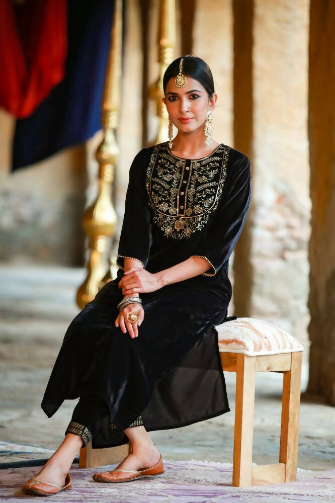 Juniper Women Black Velvet Embroidered Straight Kurta Sets | Grocsy