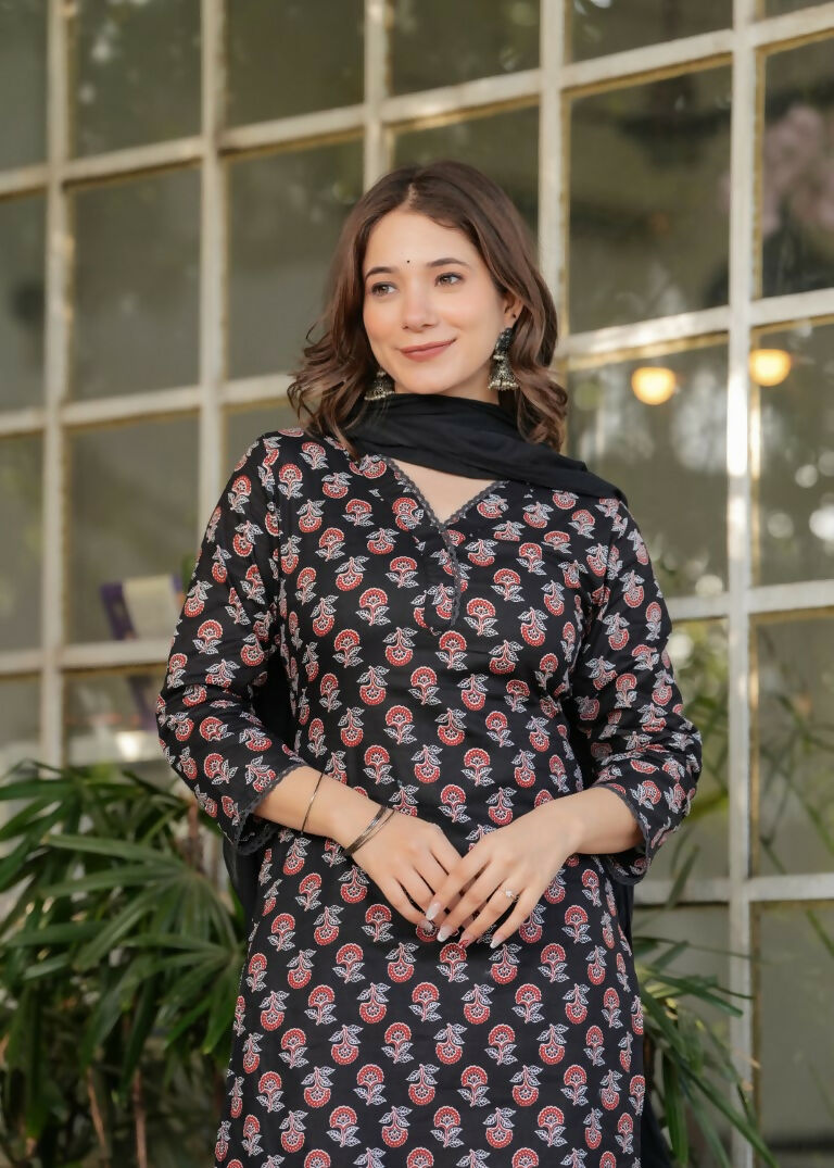 Black Pure Cotton Printed Anarkali Suit with Dupatta - Rashmika | Grocsy