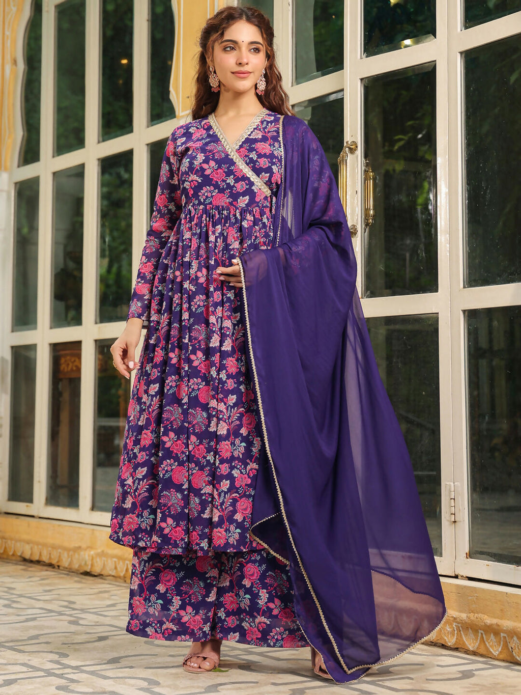 Janasya Purple Georgette Floral Kurta,Bottom & Dupatta | Grocsy
