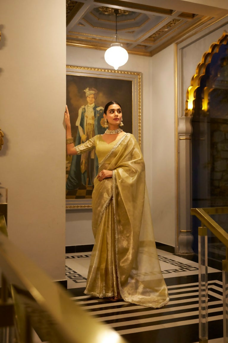 Vastranavya Gold Tissue Shimmer Zari Weaving Work Saree with Unstitched Blouse Gold | Grocsy