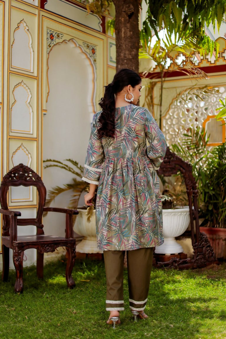 Vaasva Women Olive Green Muslin Floral Print Alia cut Kurta & Pant (Cord set) | Grocsy